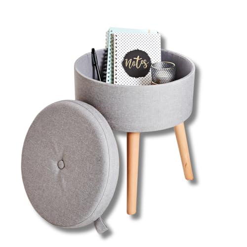 3 Pagen® Multifunktionaler Hocker mit Stauraum rund, Sitzhocker bis 120 kg belastbar, Deckel abnehmbar, gepolsterter Hocker, Wende-Deckel mit Holzplatte, Durchmesser 36 cm, grau