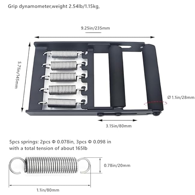 Solid Metal Hand Grip Dynamometer Hand Grip Strength Tester 165lb Adjustable Grip Strength Trainer with 5 Heavy Duty Springs,Professional Forearm & Finger Exercise Equipment for Athletes,Gym & Home Workouts