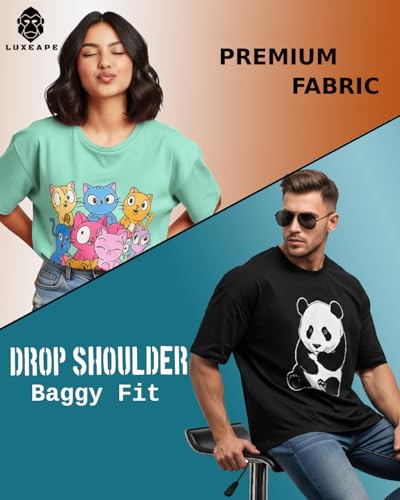 Image of Cotton Blend Drop Shoulder Oversized Baggy Fit Half Sleeve Printed Solid Round Neck T-Shirts Combo for Women & Girls | Pair of 2 T-Shirts |