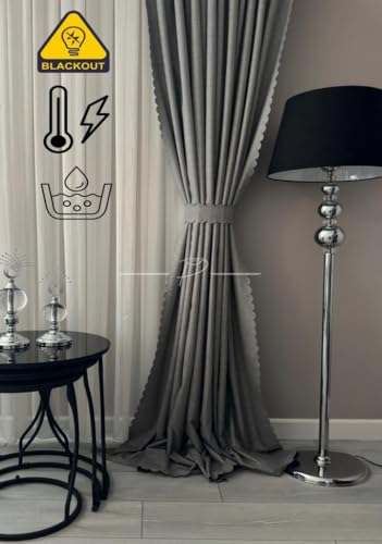 Fon Perde, %100 Karartma Blackout Sıvama Keten Ultrasonik Kesim 2 Renk Seçeneği 250 X 270 Gri