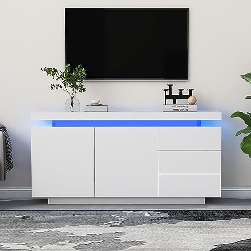 Azkoeesy Buffet LED 140 x 35 x 72 cm, blanc brillant, commode moderne, buffet, meuble TV avec 3 tiroirs, portes avec fonction Push to Open et Soft Close,...
