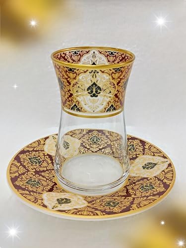 Heybeli Altın Bordo Desenli Cam Porselen Çay Seti 6 Kişilik Tea Set For 6 Persons Premium Porcelain - Görsel 4