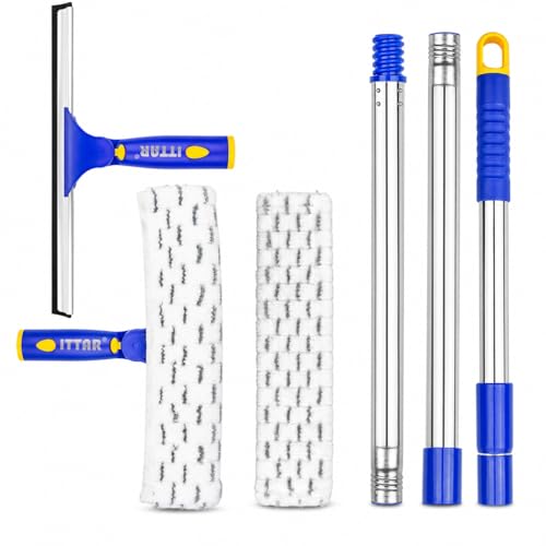 ITTAR Window Squeegee Cleaning Kit with 60 Inch Extension Pole, Glass Cleaner Tool 12' Rubber Blade & 2 Microfiber Pads, Window Washing Equipment for High Windows, Shower Doors, Car Windshield