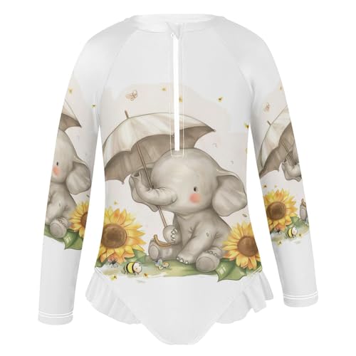 Kawaii Elephant Sunflower Umbrella Girls Long Sleeve Swimsuit Rashguard Swimwear One Piece Bathing Suit 212202232