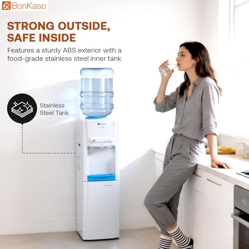 Image of BonKaso Top Loading Hot, Cold & Normal Water Dispenser | 20L Non-refrigerated Cabinet | Food-Grade ABS Body, LED Indicator, Child Lock, Removable Tray | 1 Year Warranty | White /Blue