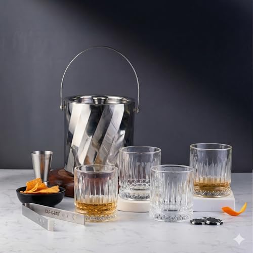 Image of Car-O-Bar Gift Set | Rippled Finish Stainless Steel Ice Bucket & Tong with Set of 4 Whiskey Glasses with Peg Measurer | Premium Ice Bucket for Bar & Home | Perfect Home Bar Setup