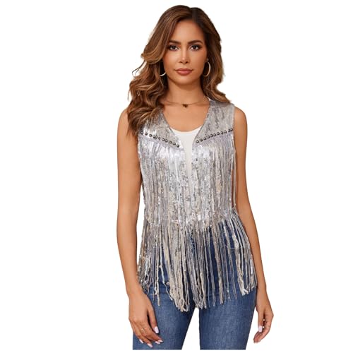 WERFORU Women's Sequin Sleeveless Tassel Vest Western Sequin Tassel Vest Sparkly Fringe Cowgirl Outfit-