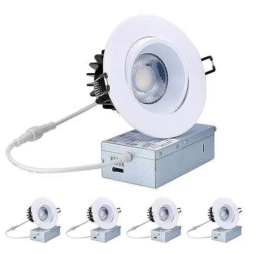 POPANU Canless Recessed Gimbal Downlight - Suitable for 20ft High Ceiling 1200lm 4 Inch 15W LED Rotatable Eyeball Spotlight, 2700|3000|3500|4000|5000K CCT Dimmable Lights with Junction Box, 4 Pack
