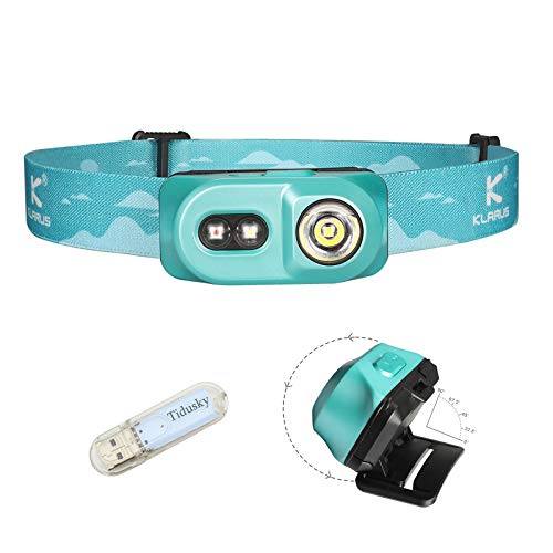 klarus H1A-PL Lampe Frontale 350Lumens à 3 LEDs, Lampe Frontale LED Réglable Angle IPX6 étanche 5 Modes, avec Batterie 14500 + Lampe USB TIDUSKY (Bleu)