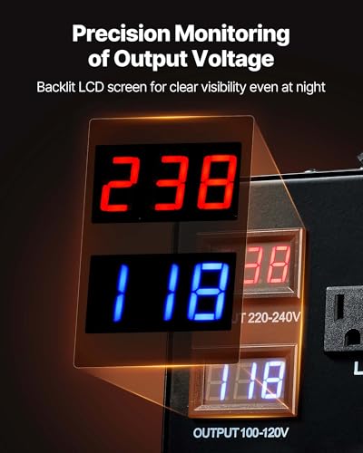 Image of VEVOR Voltage Auto Converter Transformer, 3000VA, Heavy Duty Step Up /Down Power Transformer, 110V to 220V and 220V to 110V, with 3 US Outlets, 3 EU Outlets, LCD Display, Circuit Breaker Protection