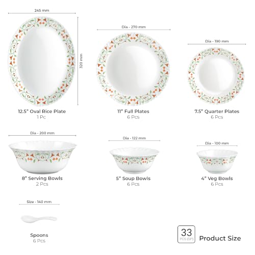 Image of Treo by Milton Opalware Aurelia Meena Dinner Set of 33 | Serving for 6 | Microwave & Dishwasher Safe | Bone-Ash Free | Tempered Toughness | Plates, Bowls, Spoons | Crockery Set for Dining & Gifting