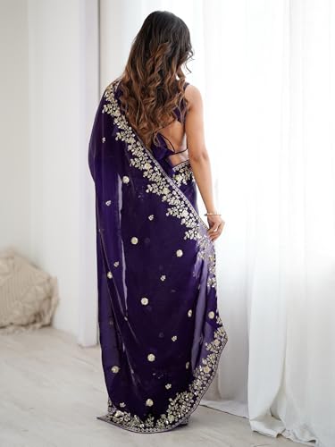 Image of Satrani Women's Tissue Silk Scalloped Border Sequins Embroidery Saree with Unstitched Blouse Piece