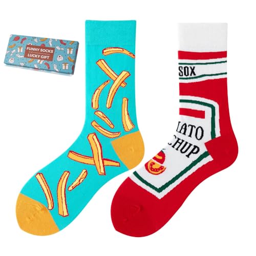 NxnChc Lustige Socken Für Damen Und Herren Unisex Viele Pommes mit Ketchup Motive Tier Essen Obst Sport Kunst Aus Baumwolle Geschenk Asymmetrische Muster Links Und Rechts