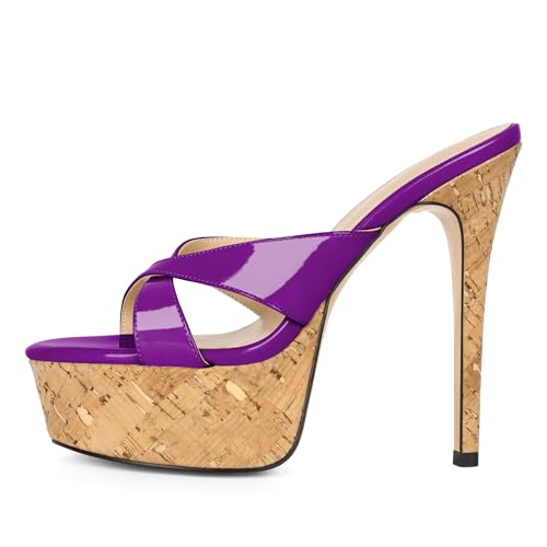 Image of Esvowido Heeled Mules for Women Cork Platform Stiletto Heels Slip on Open Toe High Heeled Sandals Crisscross Slippers Pumps Shoes