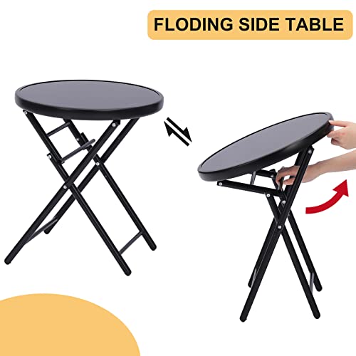 Sunnypark 18’’ Round Folding Side Accent Coffee Tea Table Tempered Glass Top Metal End Table Indoor Outdoor For Backyard Balcony Poolside Sunroom- Black #TOP4
