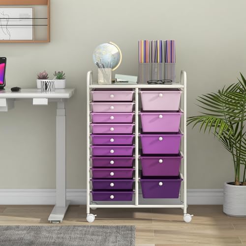 FANTASK Rollwagen mit 12 stapelbaren Schubladen, Badrollwagen mit Metallgestell & Ablagefläche, Aufbewahrungswagen Rollcontainer für Büro, Wohnzimmer, 64 x 38 x 62 cm (Violett)