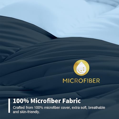 Image of Bed Comforter - Double Size - Navy Blue & Light Blue - 300 GSM Quilt Blanket Rajai - Winter Warm Down Alternative Duvet Insert with Corner Ties