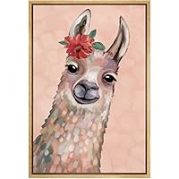 SIGNWIN Framed Canvas Wall Art Cute Nursery Baby Llama with Red Flower Animals Wildlife Oil Painting Modern Art Contemporary Portrait Fun Pastel for Living Room, Bedroom, Office - 16