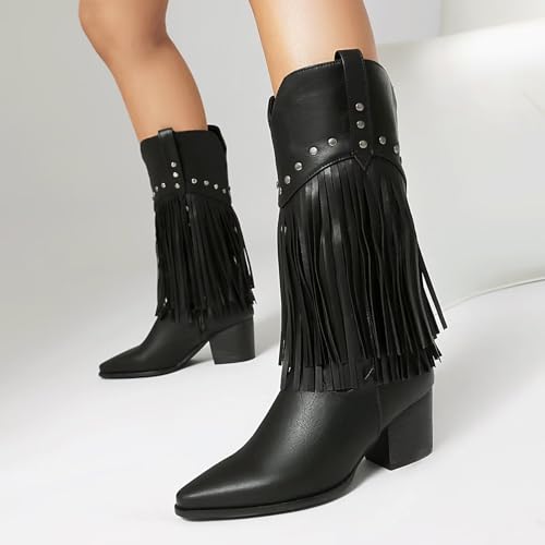 Women Studded Fringe Mid Calf Boots Western Cowboy Cowgirl Tassels Chunky Block Heel Pointed Toe Leather Tall Boots4