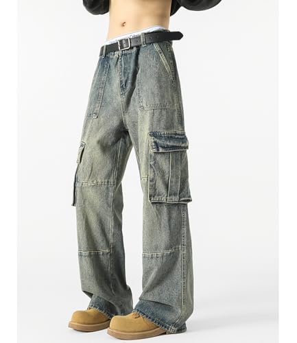 Men's Cargo Jeans Loose Casual Straight Wide Leg Vintage Stitching Denim Trousers with Pockets4