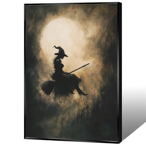Halloween Witchy Riding A Broomstick Canvas Wall Art Dark Night