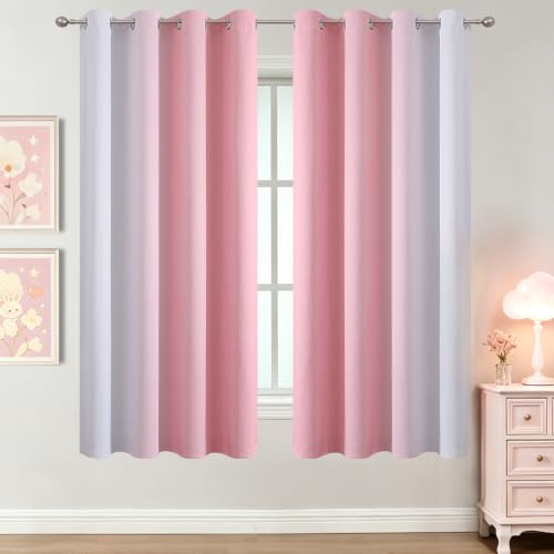 Image of Estelar Textiler Pink and Greyish White Ombre Blackout Curtains 63 Inch Long for Kids Bedroom, Room Darkening Thermal Insulated Grommet Gradient Window Drapes for Living Room /Nursery, 52Wx63L,2 Panels