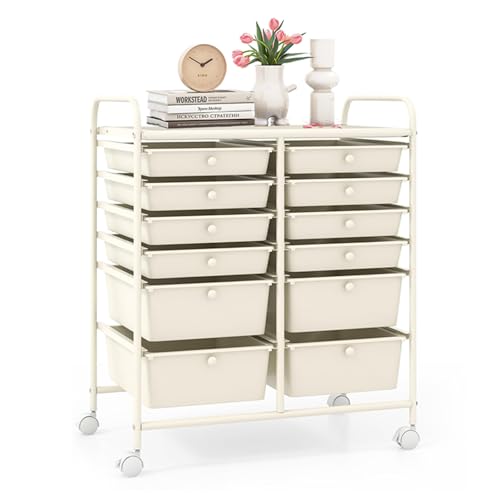 Image of LDAILY 12 Drawer Rolling Storage Cart, Craft Cart Organizer on Wheels w /Metal Frame, Large Capacity & Smooth Drawer, Rolling Cart w /Drawers for Classroom, Office