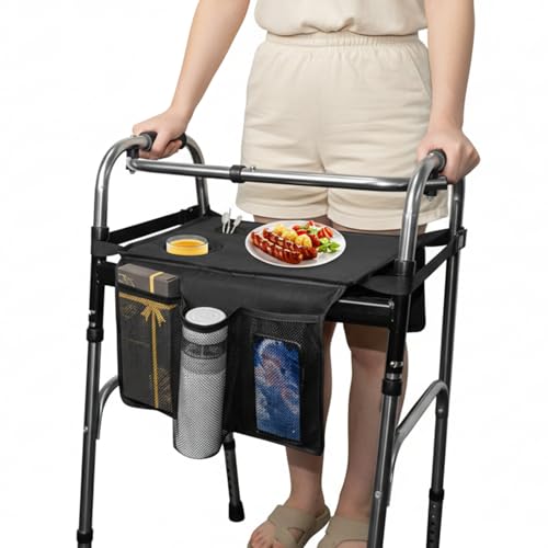 Walker Tray for Folding Walker,Walker Basket Bag,Trays for Walkers for Seniors Detachable with Cup Holder,Walker Trays for Rolling Folding Walker,Walker Accessories for Elderly (Black)