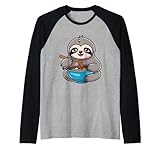 carino bradipo grafico carino giapponese bradipo mangiare ramen maglia con maniche raglan