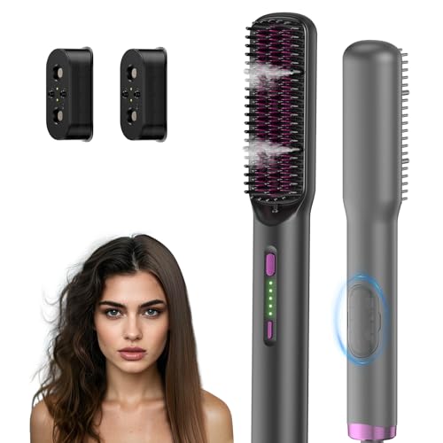 2 in 1 Steam Hair Straightener Brush, MSDS Approved 30s Fast Heat-up Electric Portable steam Straightener Brush Hot Comb with 2 Essential Oils, Reduce Frizz, Nourishes Hair, 20Min Auto Shut-Off