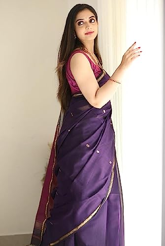 Image of SGF11 Women's Kanjivaram Soft Cotton Linen Silk Saree With Blouse Piece (Purple Pink)