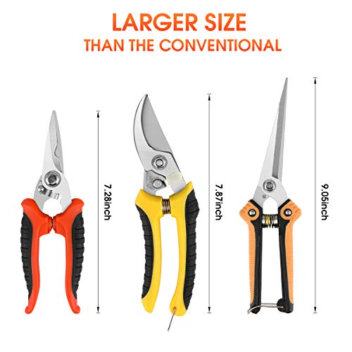KeShi Garden Steel Pruning Shears, Professional Gardening Scissors Cutter Clippers Set, 3 Pack Stainless Steel Blades Handheld Pruners Set with Protect Garden Gloves and Storage Bag