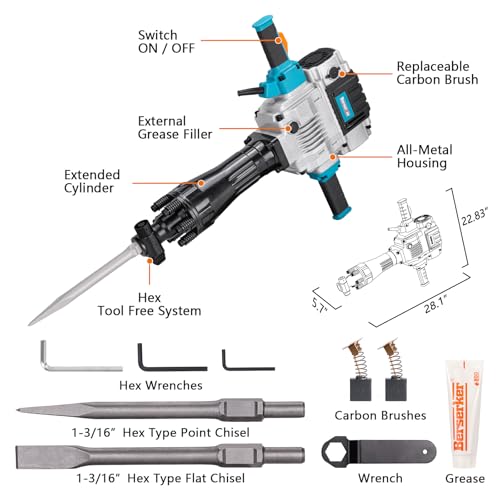 Image of Berserker 2100W 50-Pound Demolition Jack Hammer 125K with 1-3 /16 inch Hex,17Amp | Full-Size Heavy duty Corded Electric Concrete /Pavement Breaker with Wheeled Carrying Case, Flat Chisel, Bull Point Chisel