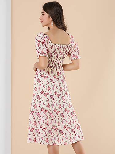 Image of Allegra K Women's Cottagecore Floral Dress Puff Sleeves Smocked Midi Dresses