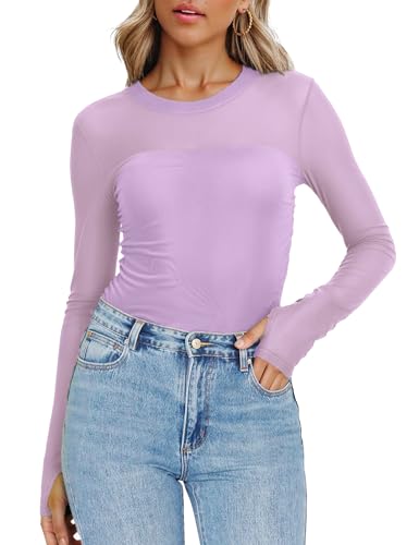 Totatuit Women Mesh Top Sexy Long Sleeve with Thumb Hole Sheer Shirt Crew Neck Double Lined Fitted Top Side Ruched Shirt