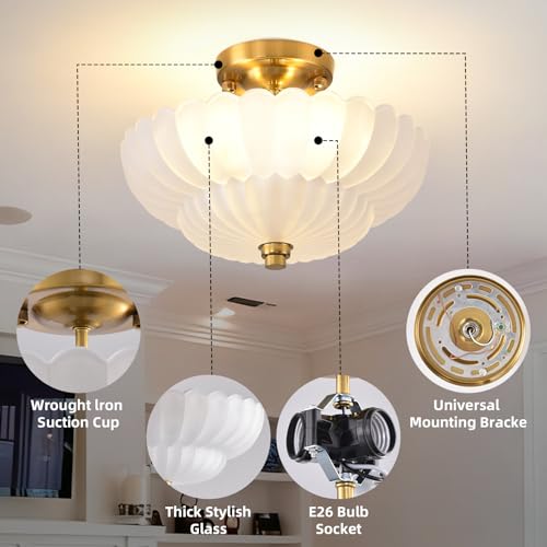 Image of Semi Flush Mount Ceiling Light,Gold Vintage Hallway Light Fixture, 11.8 Inch Scalloped Frosted Milk Glass Close to Ceiling Light for Bedroom Kitchen Living Room Bathroom Foyer, E26 Base
