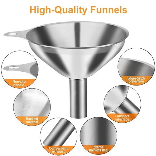 Image of Stainless Steel Funnels Set 3 Pcs - Food Grade Metal Mini Kitchen Funnels with 2 Cleaning Brushes, Small Funnels for Liquid, Oil, Spice & Powder Transfer, Narrow Mouth Nozzles