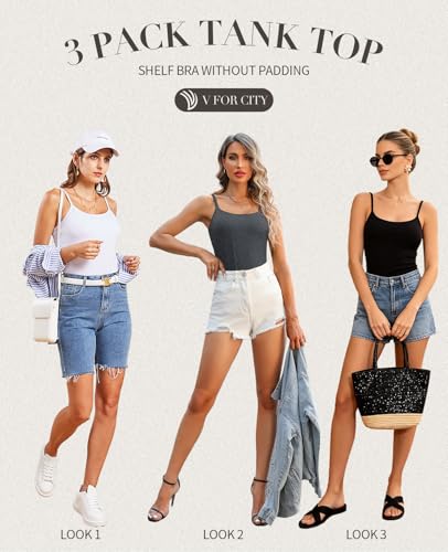 Image of V FOR CITY Unpadded Tank Top for Women with Shelf Bra Cotton Camis 3 Pack