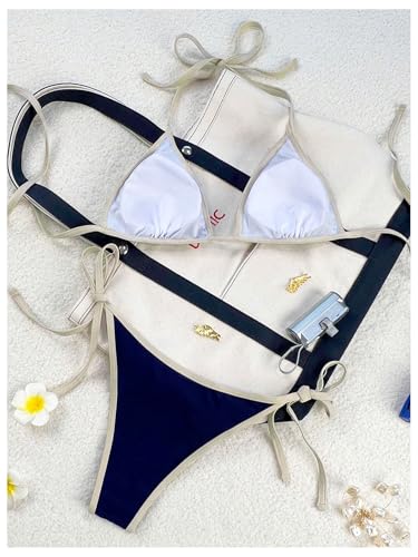 GORGLITTER Women's Triangle String Bikini Sets Color Block Halter Thong Swimsuit Cute Bathing Suit 2 Piece 20252