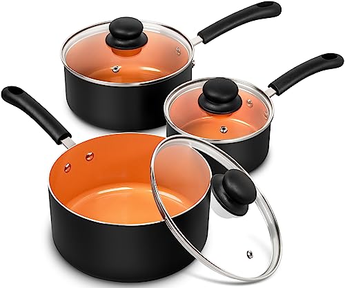 Comparison: Best Copper Coloured Saucepan Set 2 MICHELANGELO Nonstick Sauce Pan with Lid 1QT, 2QT & 3QT, Ceramic Saucepan Set, Copper Sauce pans, Non-Toxic Saucepan, Multipurpose Cooking Pots Set For Home Kitchen, Compatible induction