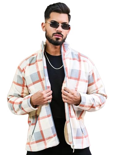 Image of Maniac Mens Checkered Full Zipper Fullsleeve Polyester Blend Fleece Shacket for Men