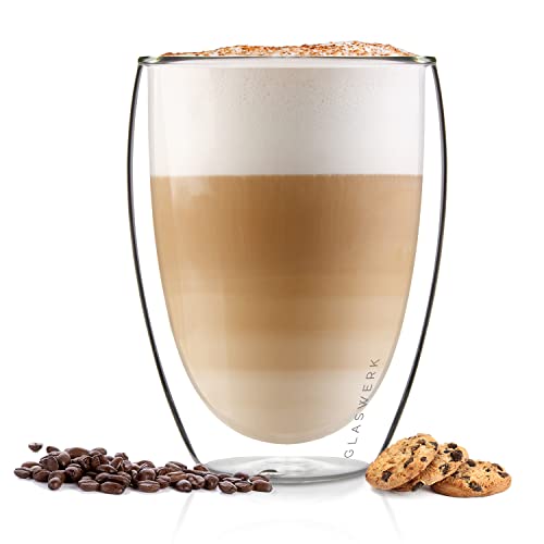 GLASWERK Designové skleničky Latte Macchiato dvoustěnné (4 x 350 ml) šálky na cappuccino z borosilikátového skla – sklenice na čaj vhodné do myčky nádobí sada šálků na kávu – termosklenice