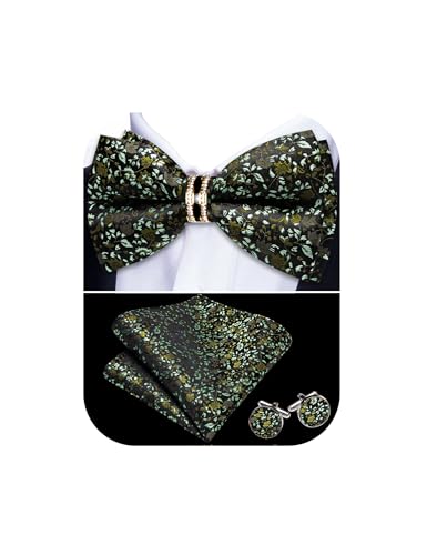Image of YOHOWA Mens Bow Tie Set Paisley Pre-tied Bowties Adjustable with Handkerchief Cufflinks Gold Ring Set Wedding Prom Party