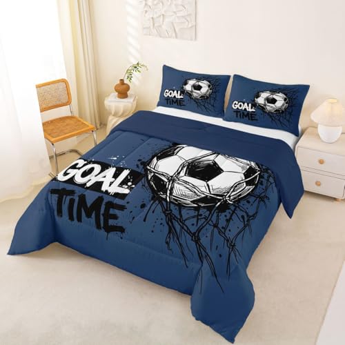 Image of Feelyou Soccer Kids Comforter Set Queen Size Soccer Ball Game Bedding Set Blue Gaming Sports Duvet Quilt for Kids Boys Girls Bedroom Gift for Football Lover Decor Microfiber Ultra Soft Breathable
