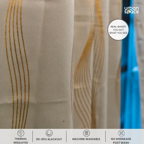 Image of Urban Space 80-85% True Blackout Curtains for Window, Gold Foil Printed Blackout Curtains, Decorative Window Curtain Eyelet with Tieback, 1 Piece Curtain for Living Room(Double Wave Beige, 5 Feet)