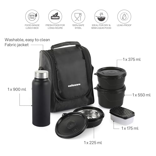 Image of CELLO MF All In One Lunch Box with Bag for Office Use, Black | 225ml, 375ml, 550ml Microwave Safe Containers, 175ml Salad Box, 900ml Bottle with Fork & Spoon, Airtight Leak Proof Tiffin Box for Travel