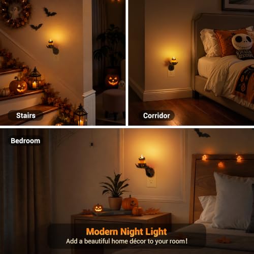 Image of Halloween Ghost Hand Candle Night Light, Plug in LED Night Light | Amber Halloween Night Light with Realistic Flickering Flame Effect, Dusk to Dawn Sensor for Kids Room, Party & Home Decor