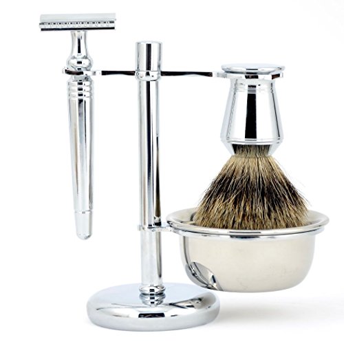 Grandslam Shaving Safety Razor Kit, 4 Piece, Double Edage Safety Razor for Men, Pure Badger Hair Shaving Brush, Stainless Steel Shaving Stand and Bowl, Great Gift for Men