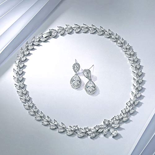 Bling Jewelry Classic Vintage Style Bridal Marquise Cut Cubic Zirconia Drop Teardrop Aa Cz Statement Collar Tennis Necklace For Women Wedding Prom Pageant Silver Plated #TOP5