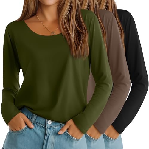 Neer 3 Pack Scoop Neck Long Sleeve Tops for Women, Loose Fit Cotton T-Shirts Casual Fall Layer Trendy Basic Tees for Ladies